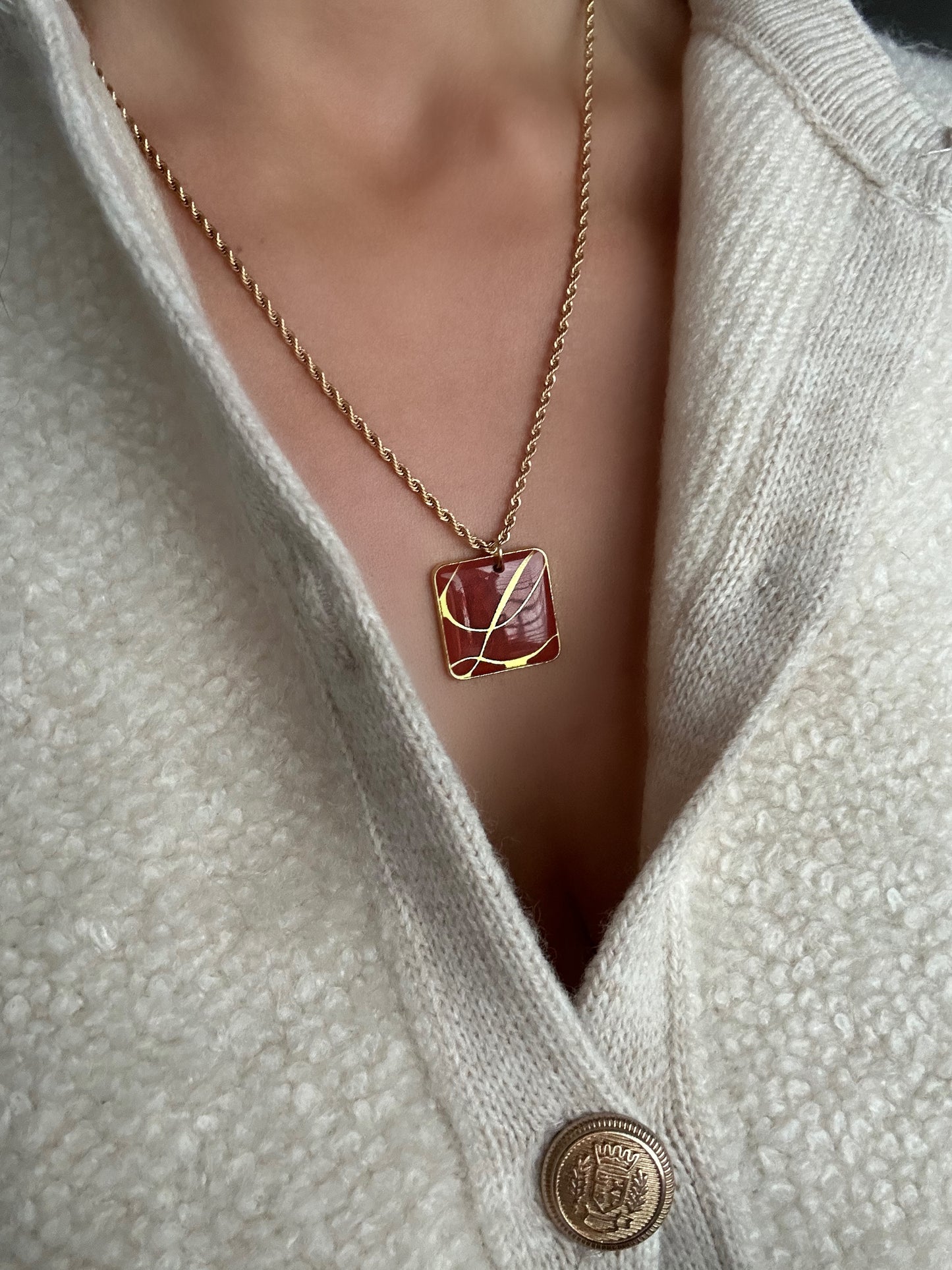 Authentic Reworked Necklace - Red L Square