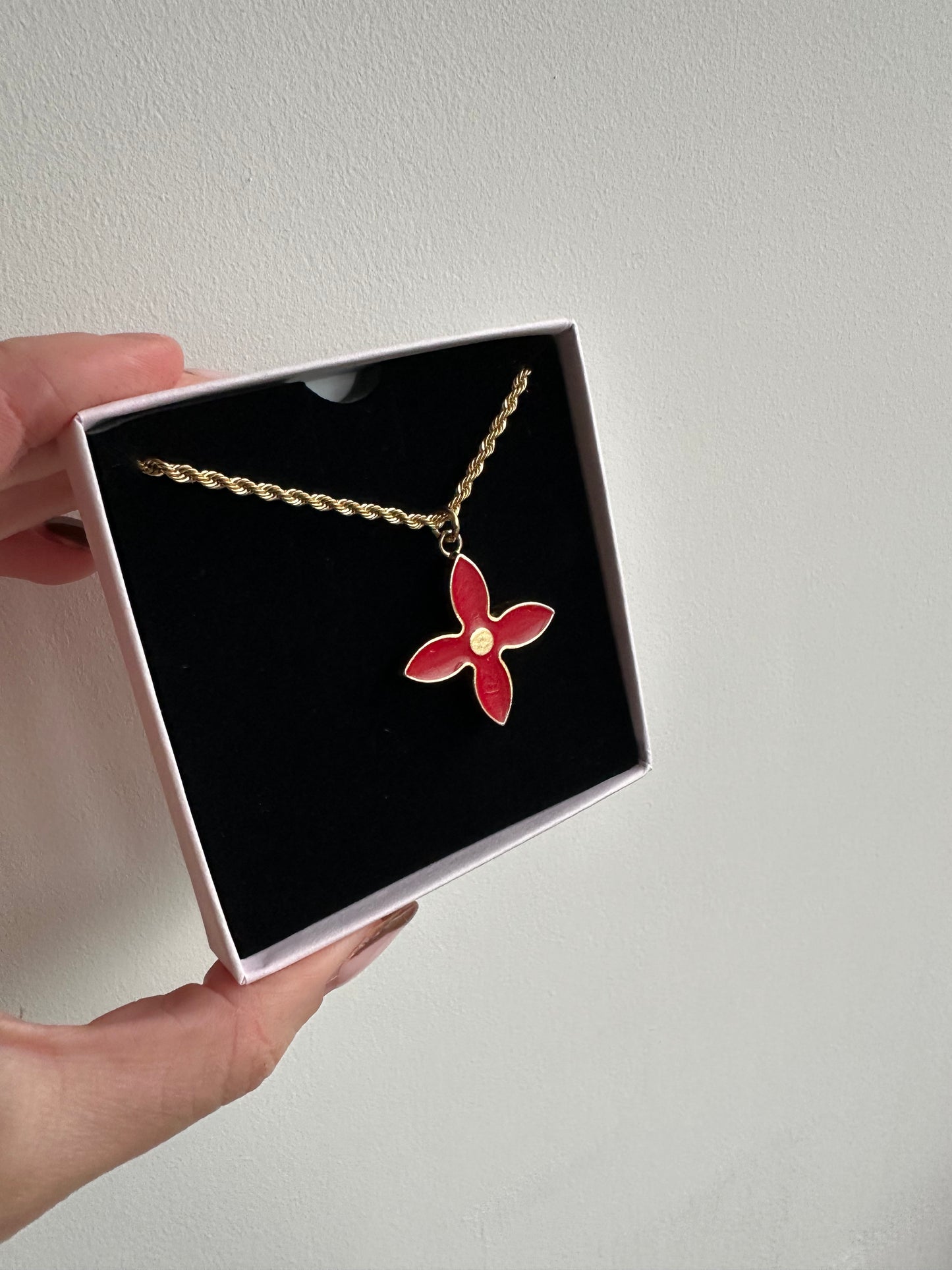 Authentic Reworked Necklace - Large red diamond flower